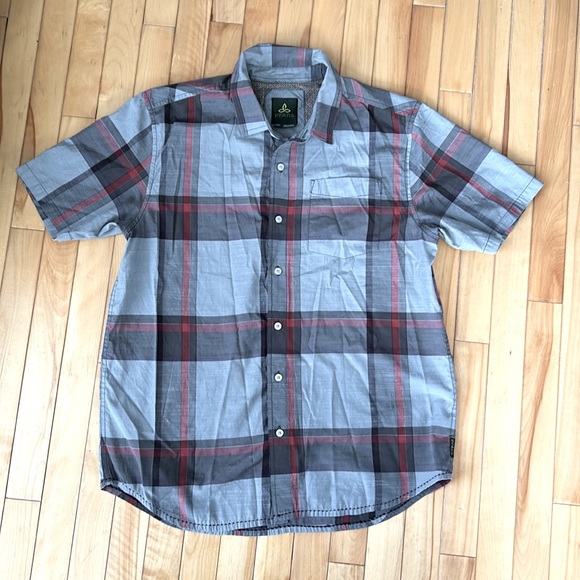 Prana gray and red shirt plaid short sleeve dress shirt size large - Picture 1 of 13
